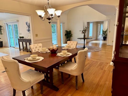 Chandelier, Dining room, Interior, Wood Texture Flooring
