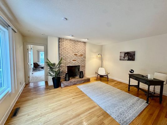Fireplace, Home Office, Interior, Stone Walls, Wood Texture Flooring