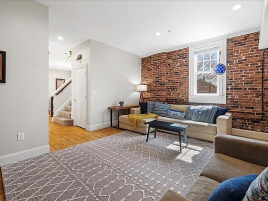 Interior, Living room, Recessed Lighting, Stone Walls, Wood Texture Flooring
