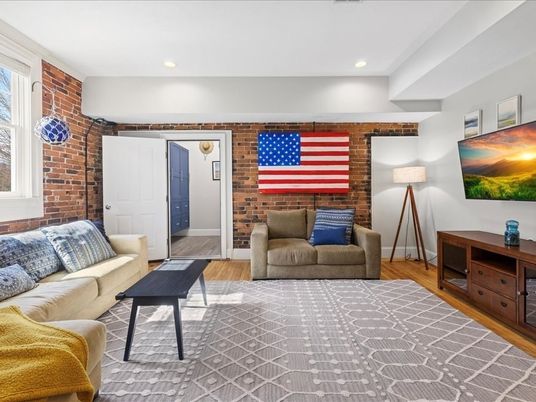 Interior, Living room, Recessed Lighting, Stone Walls, Wood Texture Flooring
