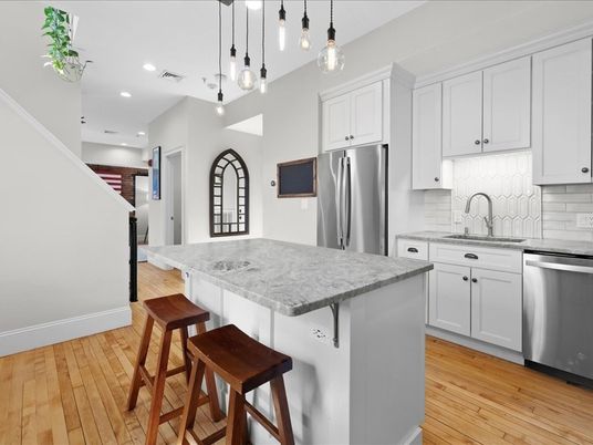 Interior, Kitchen, Pendant Lights, Recessed Lighting, Stainless Steel Appliances, Wood Texture Flooring