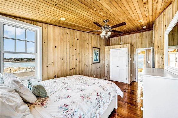 Bedroom, Interior, Recessed Lighting, Water, Wooden Ceilings, Wood Texture Flooring, Wooden Walls