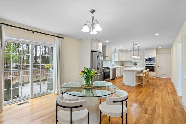 Dining room, Interior, Kitchen, Pendant Lights, Recessed Lighting, Stainless Steel Appliances, Wood Texture Flooring
