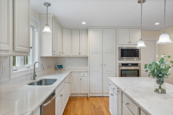 Interior, Kitchen, Pendant Lights, Recessed Lighting, Stainless Steel Appliances, Wood Texture Flooring
