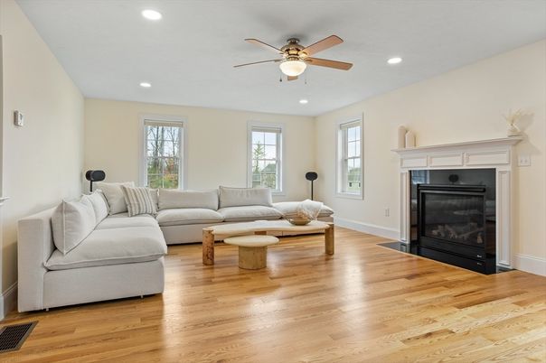 Fireplace, Interior, Living room, Recessed Lighting, Wood Texture Flooring