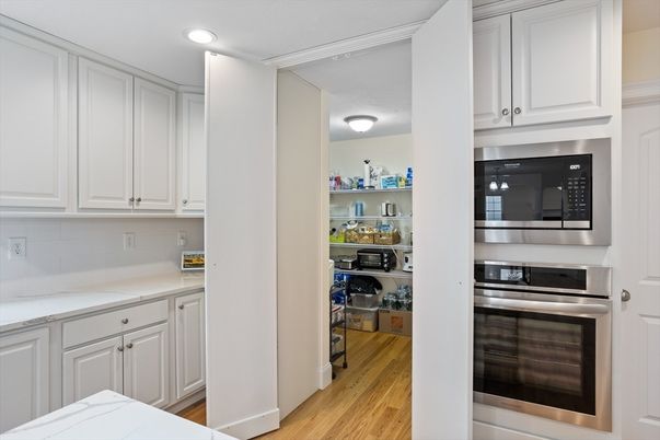 Interior, Kitchen, Recessed Lighting, Stainless Steel Appliances, Wood Texture Flooring