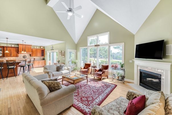 Fireplace, Interior, Kitchen, Living room, Pendant Lights, Recessed Lighting, Wood Texture Flooring