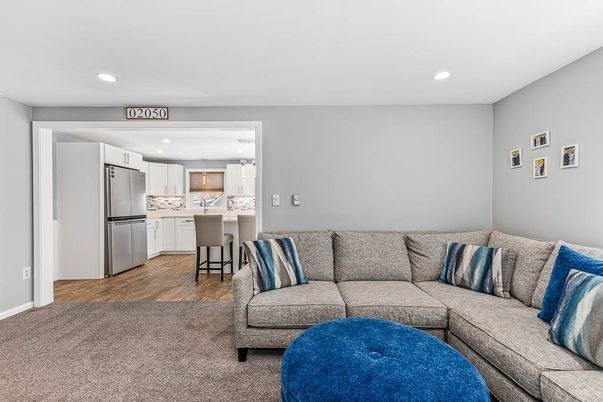 Interior, Kitchen, Living room, Recessed Lighting, Stainless Steel Appliances, Wood Texture Flooring