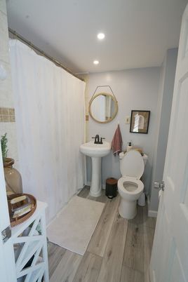 Bathroom, Interior, Recessed Lighting, Wood Texture Flooring