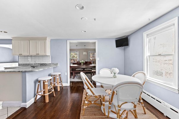 Dining room, Interior, Kitchen, Recessed Lighting, Wood Texture Flooring