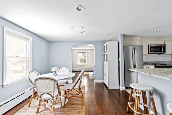Dining room, Interior, Kitchen, Recessed Lighting, Stainless Steel Appliances, Wood Texture Flooring