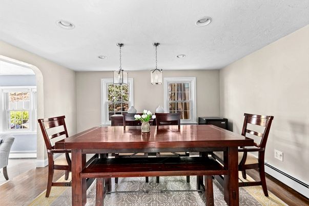Dining room, Interior, Pendant Lights, Recessed Lighting, Wood Texture Flooring
