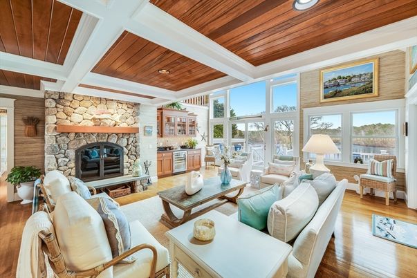 Fireplace, Interior, Living room, Recessed Lighting, Stone Walls, Wooden Ceilings, Wood Texture Flooring