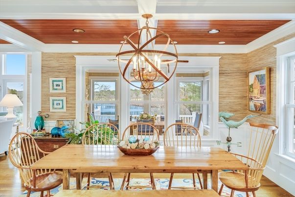 Chandelier, Dining room, Interior, Recessed Lighting, Wooden Ceilings, Wood Texture Flooring