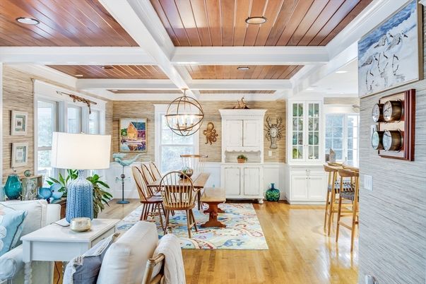 Chandelier, Dining room, Interior, Recessed Lighting, Stone Walls, Wooden Ceilings, Wood Texture Flooring