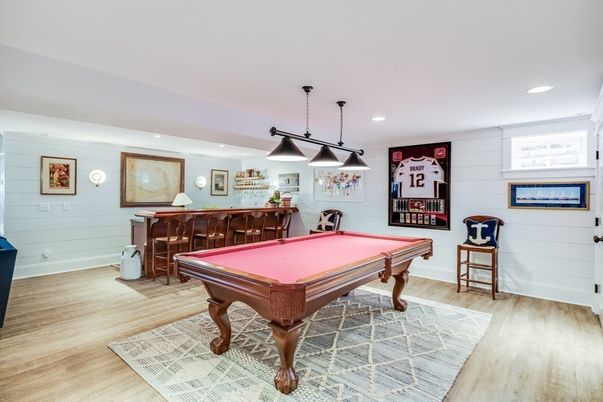 Billiard Table, Game Room, Interior, Pendant Lights, Recessed Lighting, Wood Texture Flooring