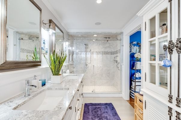 Bathroom, Dual Sink Vanities, Glass Shower, Interior, Marble Walls, Recessed Lighting