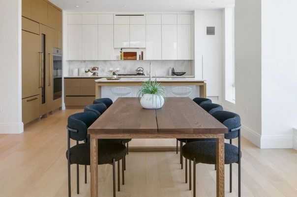 Dining room, Interior, Kitchen, Recessed Lighting, Stainless Steel Appliances, Wood Texture Flooring