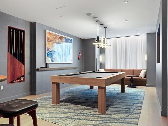 Billiard Table, Game Room, Interior, Pendant Lights, Recessed Lighting, Wood Texture Flooring