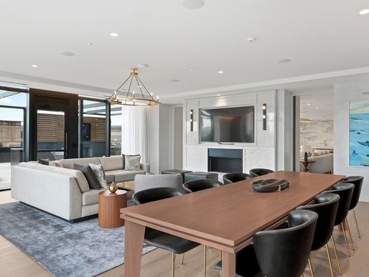 Dining room, Fireplace, Interior, Living room, Pendant Lights, Recessed Lighting, Wood Texture Flooring