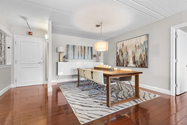 Dining room, Interior, Pendant Lights, Wood Texture Flooring