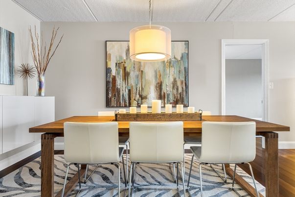 Dining room, Interior, Pendant Lights, Wood Texture Flooring