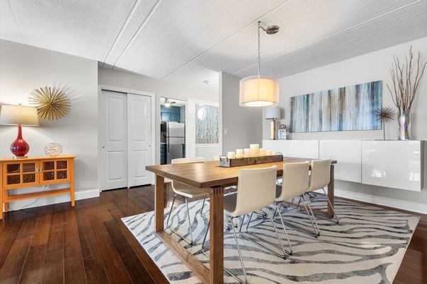 Dining room, Interior, Kitchen, Pendant Lights, Wood Texture Flooring