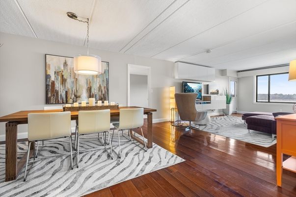 Dining room, Interior, Pendant Lights, Wood Texture Flooring