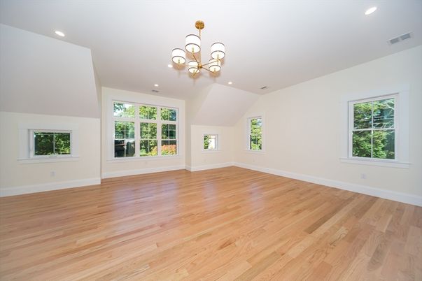 Chandelier, Empty room, Interior, Recessed Lighting, Wood Texture Flooring