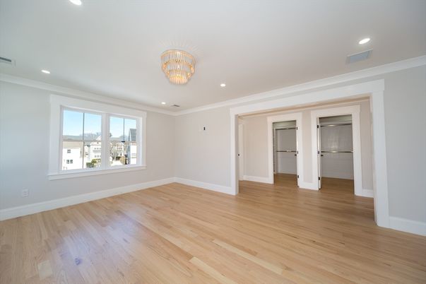 Chandelier, Empty room, Interior, Recessed Lighting, Wood Texture Flooring