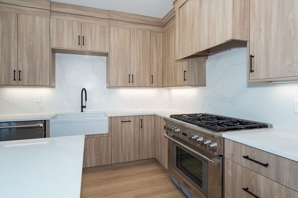 Interior, Kitchen, Marble Walls, Stainless Steel Appliances, Wood Texture Flooring