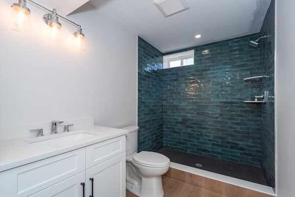 Bathroom, Glass Shower, Interior, Recessed Lighting, Wood Texture Flooring