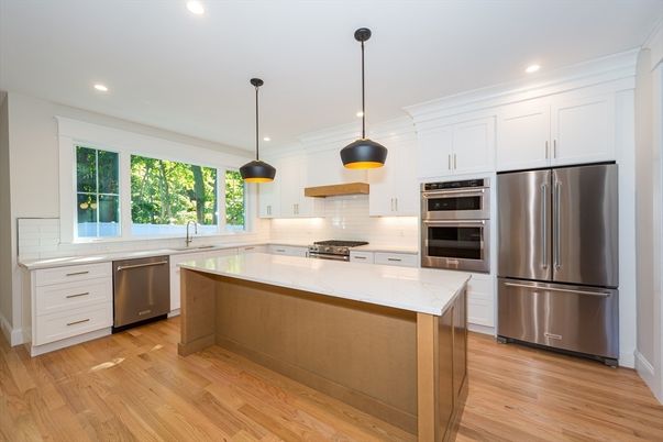 Interior, Kitchen, Pendant Lights, Recessed Lighting, Stainless Steel Appliances, Wood Texture Flooring