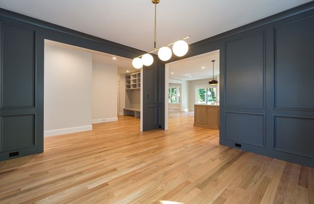Empty room, Interior, Pendant Lights, Recessed Lighting, Wood Texture Flooring