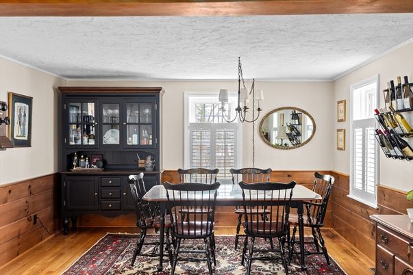 Chandelier, Dining room, Interior, Wooden Beams, Wood Texture Flooring