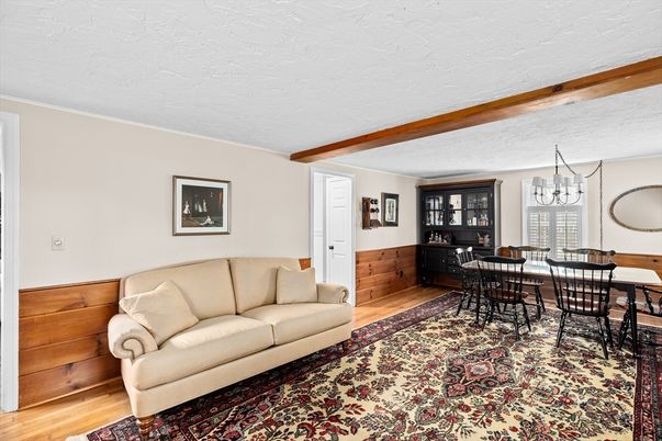 Dining room, Interior, Pendant Lights, Wooden Beams, Wood Texture Flooring