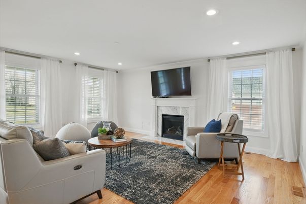 Fireplace, Interior, Living room, Recessed Lighting, Wood Texture Flooring