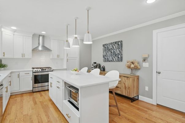 Interior, Kitchen, Pendant Lights, Recessed Lighting, Stainless Steel Appliances, Wood Texture Flooring