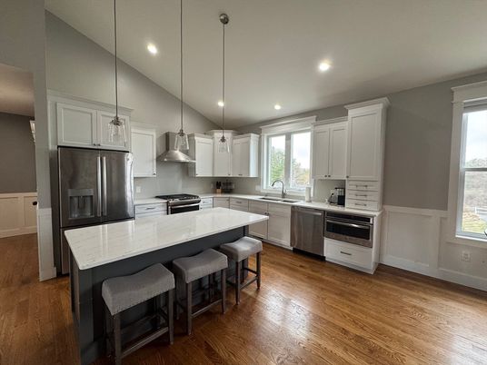 Interior, Kitchen, Pendant Lights, Recessed Lighting, Stainless Steel Appliances, Wood Texture Flooring