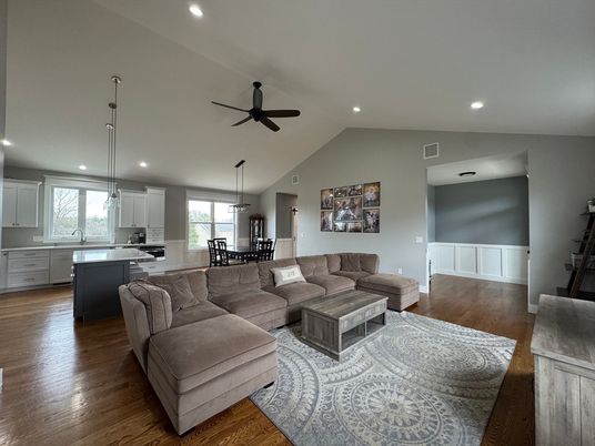 Dining room, Interior, Kitchen, Living room, Pendant Lights, Recessed Lighting, Wood Texture Flooring