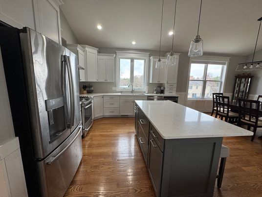 Interior, Kitchen, Pendant Lights, Recessed Lighting, Stainless Steel Appliances, Wood Texture Flooring