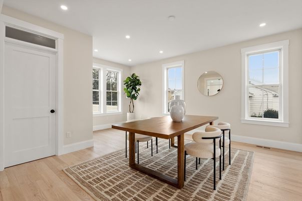Dining room, Interior, Recessed Lighting, Wood Texture Flooring