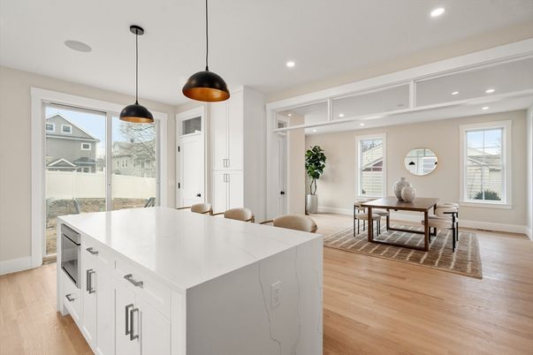 Dining room, Interior, Kitchen, Pendant Lights, Recessed Lighting, Wood Texture Flooring