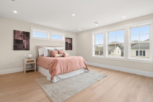 Bedroom, Interior, Recessed Lighting, Wood Texture Flooring