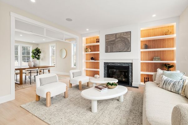 Dining room, Fireplace, Interior, Living room, Recessed Lighting, Wood Texture Flooring