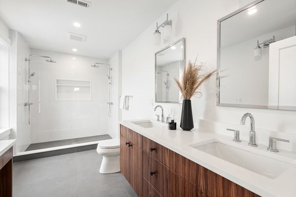 Bathroom, Dual Sink Vanities, Glass Shower, Interior, Recessed Lighting