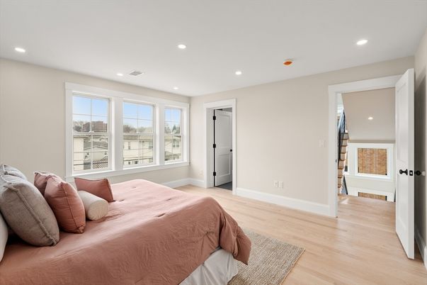 Bedroom, Interior, Recessed Lighting, Wood Texture Flooring
