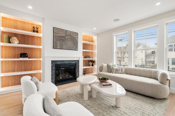 Fireplace, Interior, Living room, Recessed Lighting, Wood Texture Flooring