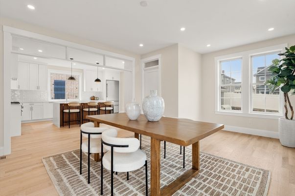 Dining room, Interior, Kitchen, Pendant Lights, Recessed Lighting, Wood Texture Flooring