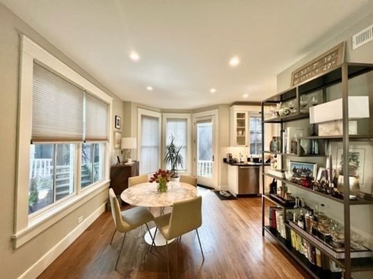 Dining room, Interior, Kitchen, Recessed Lighting, Stainless Steel Appliances, Wood Texture Flooring